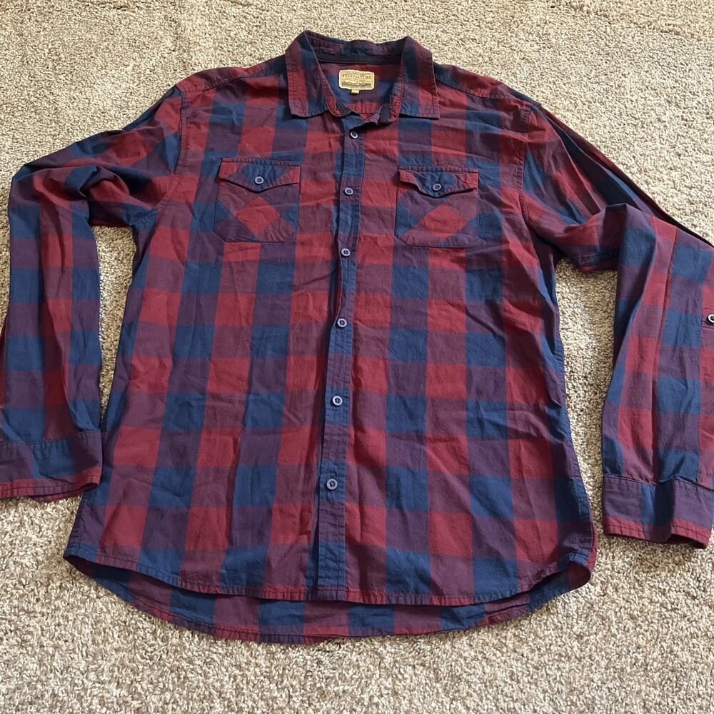 Free Nature Shirt Mens Large Maroon & Blue Button Up Comfort Casual Stylish Cozy
